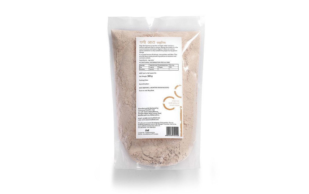 Conscious Food Finger Millet Flour Ragi atta Natural+chakki-ground   Pack  500 grams